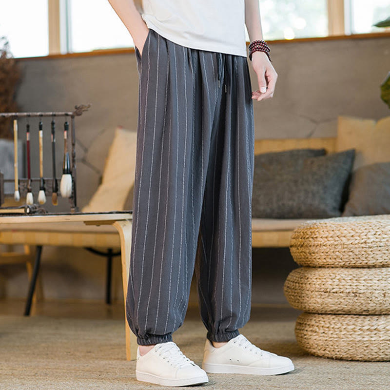 Buddha Stones Summer Casual Drawstring Striped Men's Harem Pants With Pockets