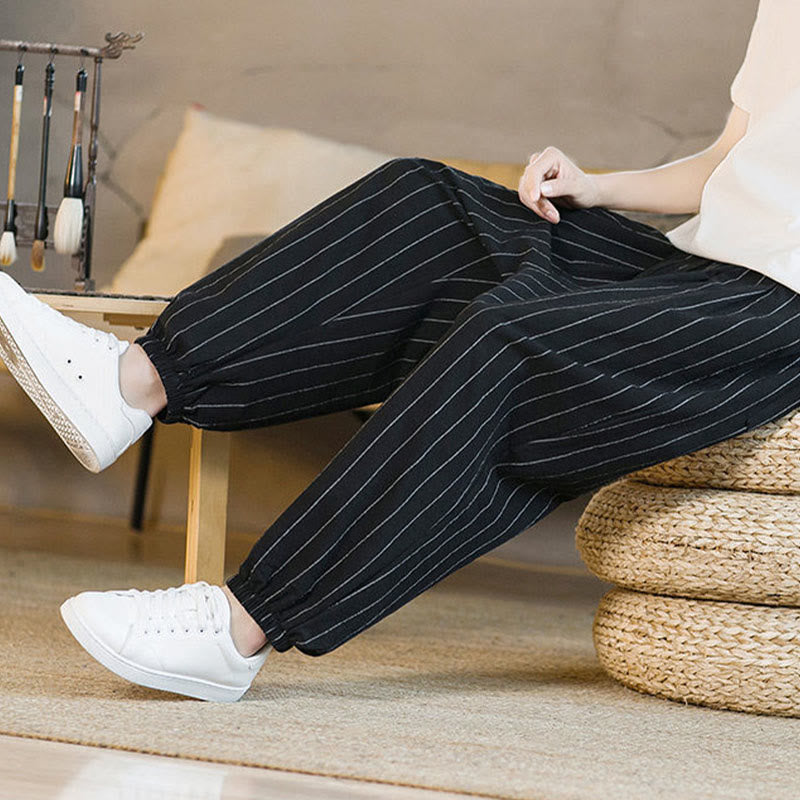Buddha Stones Summer Casual Drawstring Striped Men's Harem Pants With Pockets
