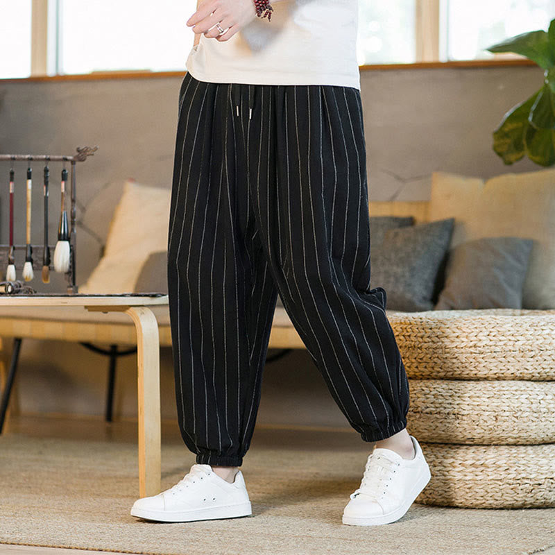 Buddha Stones Summer Casual Drawstring Striped Men's Harem Pants With Pockets