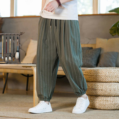 Buddha Stones Summer Casual Drawstring Striped Men's Harem Pants With Pockets