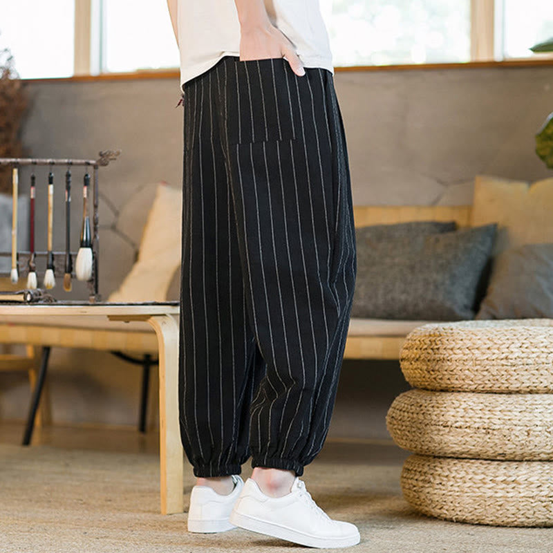 Buddha Stones Summer Casual Drawstring Striped Men's Harem Pants With Pockets