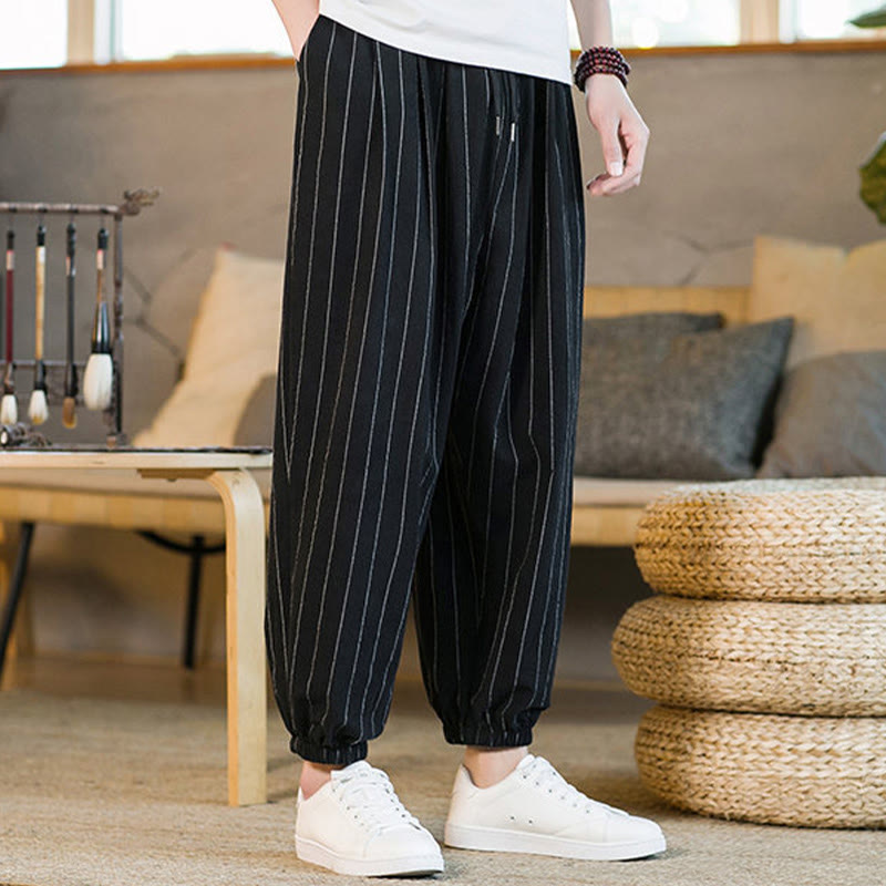 Buddha Stones Summer Casual Drawstring Striped Men's Harem Pants With Pockets