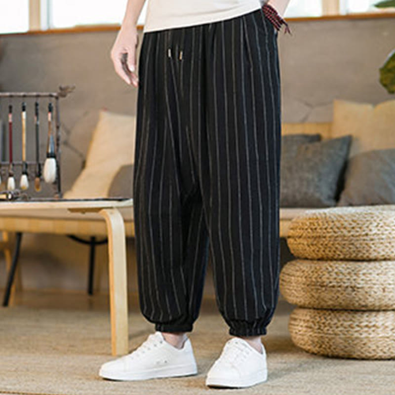 Buddha Stones Summer Casual Drawstring Striped Men's Harem Pants With Pockets