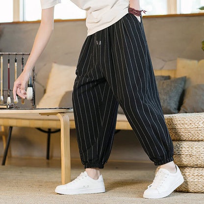 Buddha Stones Summer Casual Drawstring Striped Men's Harem Pants With Pockets