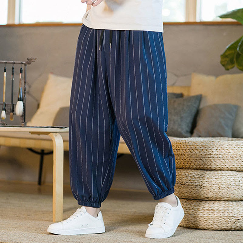 Buddha Stones Summer Casual Drawstring Striped Men's Harem Pants With Pockets