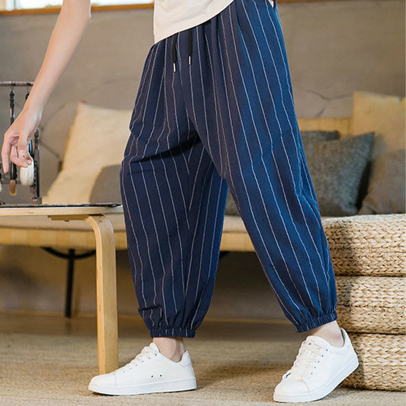 Buddha Stones Summer Casual Drawstring Striped Men's Harem Pants With Pockets