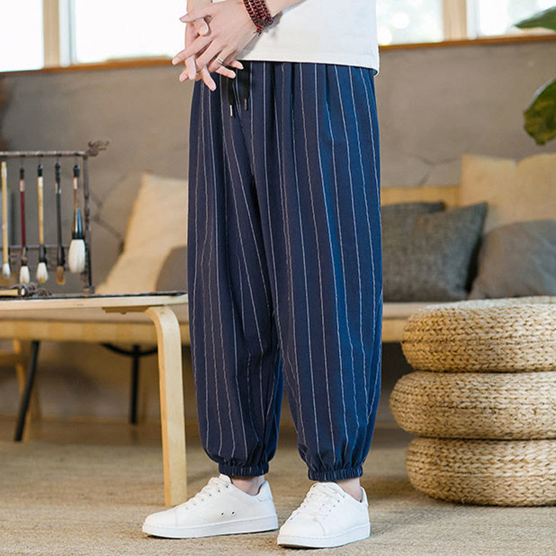 Buddha Stones Summer Casual Drawstring Striped Men's Harem Pants With Pockets