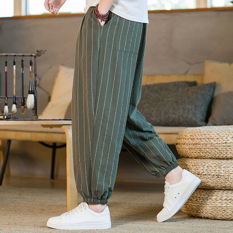 Buddha Stones Summer Casual Drawstring Striped Men's Harem Pants With Pockets