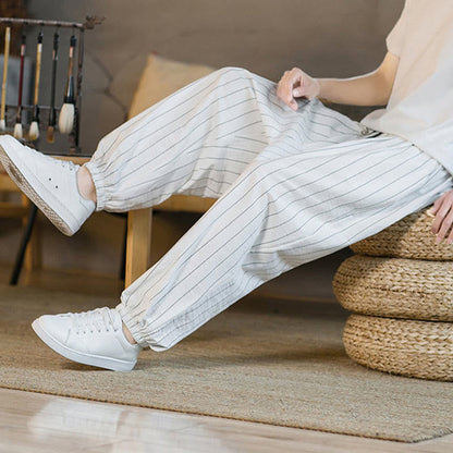 Buddha Stones Summer Casual Drawstring Striped Men's Harem Pants With Pockets
