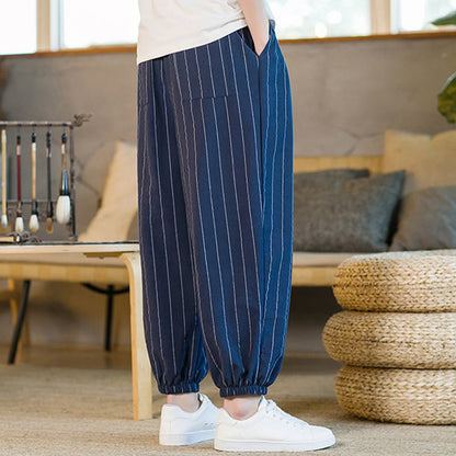 Buddha Stones Summer Casual Drawstring Striped Men's Harem Pants With Pockets