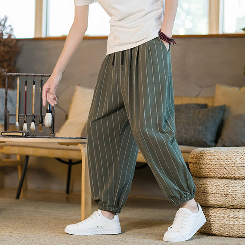 Buddha Stones Summer Casual Drawstring Striped Men's Harem Pants With Pockets