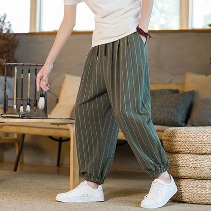Buddha Stones Summer Casual Drawstring Striped Men's Harem Pants With Pockets