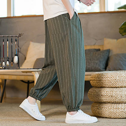 Buddha Stones Summer Casual Drawstring Striped Men's Harem Pants With Pockets