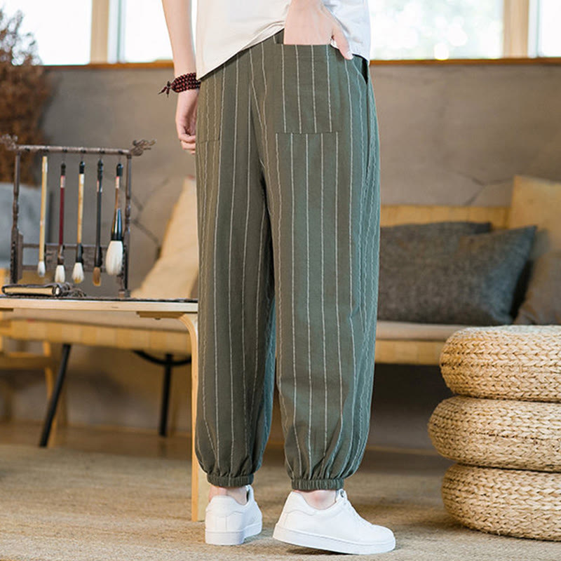 Buddha Stones Summer Casual Drawstring Striped Men's Harem Pants With Pockets