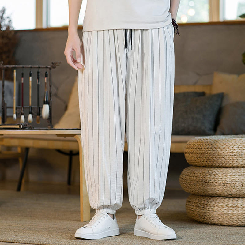 Buddha Stones Summer Casual Drawstring Striped Men's Harem Pants With Pockets