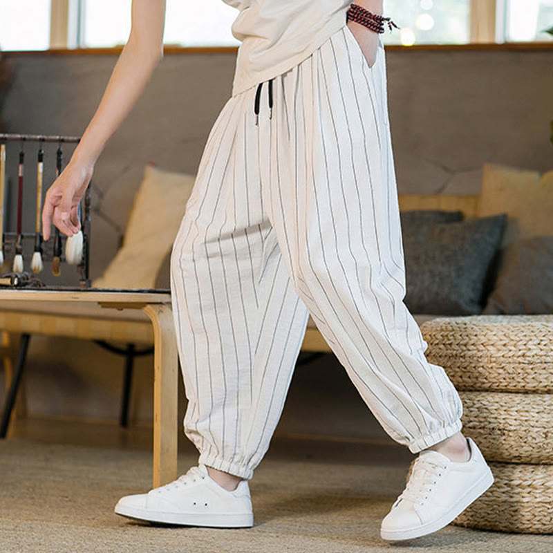 Buddha Stones Summer Casual Drawstring Striped Men's Harem Pants With Pockets