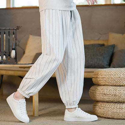 Buddha Stones Summer Casual Drawstring Striped Men's Harem Pants With Pockets