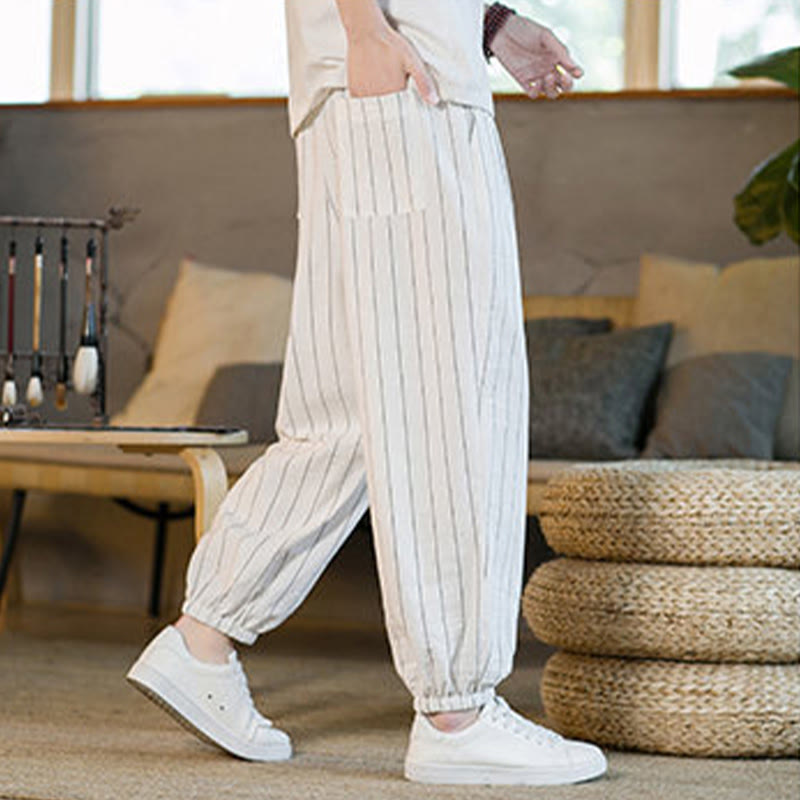 Buddha Stones Summer Casual Drawstring Striped Men's Harem Pants With Pockets