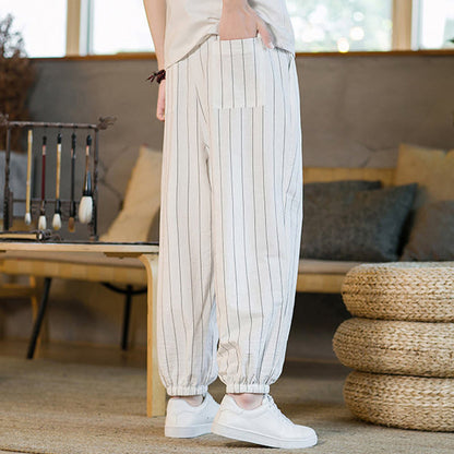 Buddha Stones Summer Casual Drawstring Striped Men's Harem Pants With Pockets