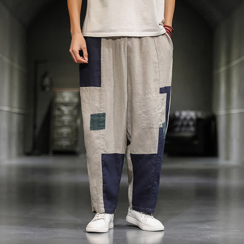 Buddha Stones Spring Casual Color Block Cotton Linen Cropped Men's Harem Pants With Pockets