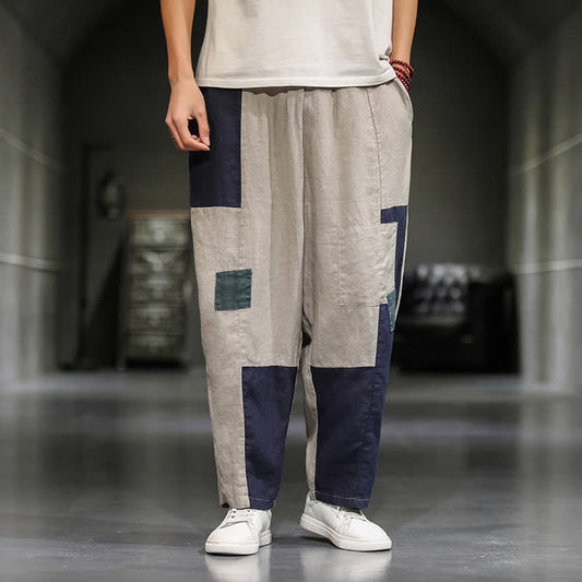 Buddha Stones Spring Casual Color Block Cotton Linen Cropped Men's Harem Pants With Pockets