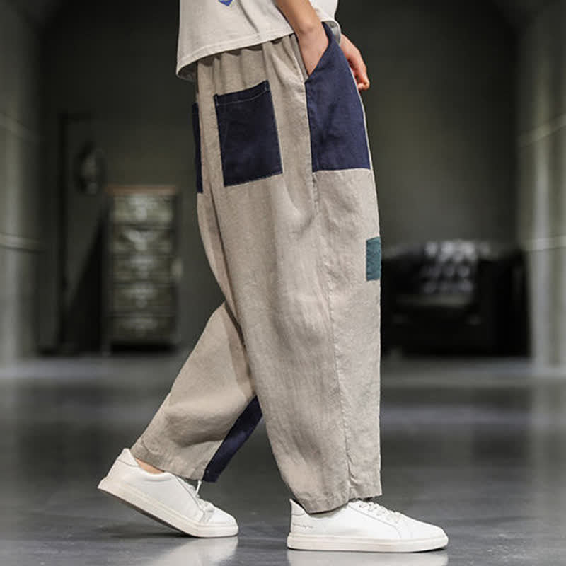 Buddha Stones Spring Casual Color Block Cotton Linen Cropped Men's Harem Pants With Pockets
