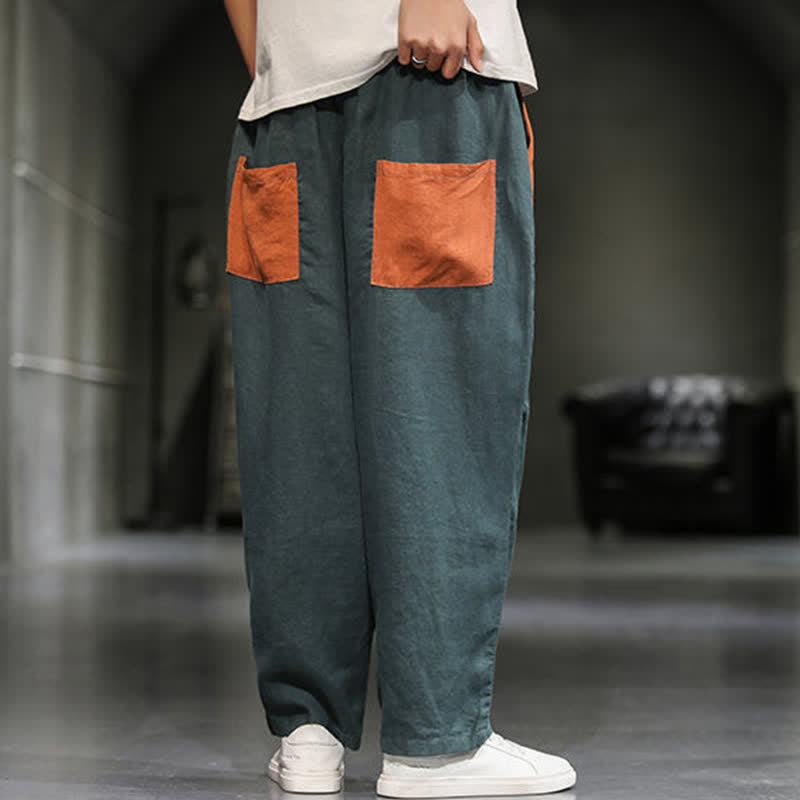 Buddha Stones Spring Casual Color Block Cotton Linen Cropped Men's Harem Pants With Pockets