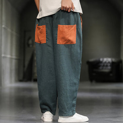 Buddha Stones Spring Casual Color Block Cotton Linen Cropped Men's Harem Pants With Pockets