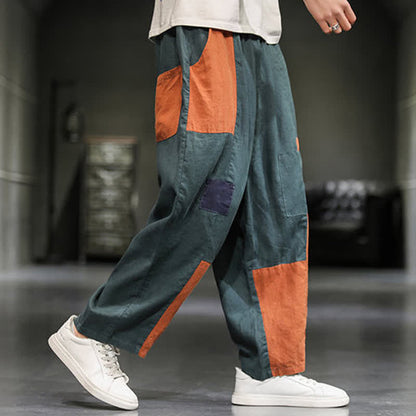 Buddha Stones Spring Casual Color Block Cotton Linen Cropped Men's Harem Pants With Pockets