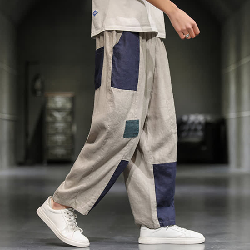 Buddha Stones Spring Casual Color Block Cotton Linen Cropped Men's Harem Pants With Pockets
