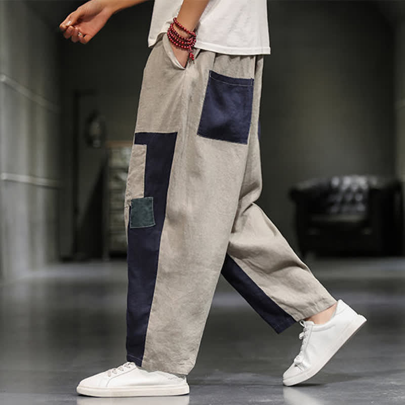 Buddha Stones Spring Casual Color Block Cotton Linen Cropped Men's Harem Pants With Pockets
