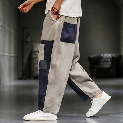 Buddha Stones Spring Casual Color Block Cotton Linen Cropped Men's Harem Pants With Pockets