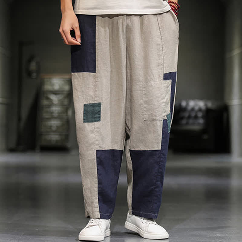 Buddha Stones Spring Casual Color Block Cotton Linen Cropped Men's Harem Pants With Pockets