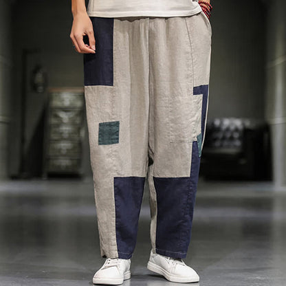 Buddha Stones Spring Casual Color Block Cotton Linen Cropped Men's Harem Pants With Pockets