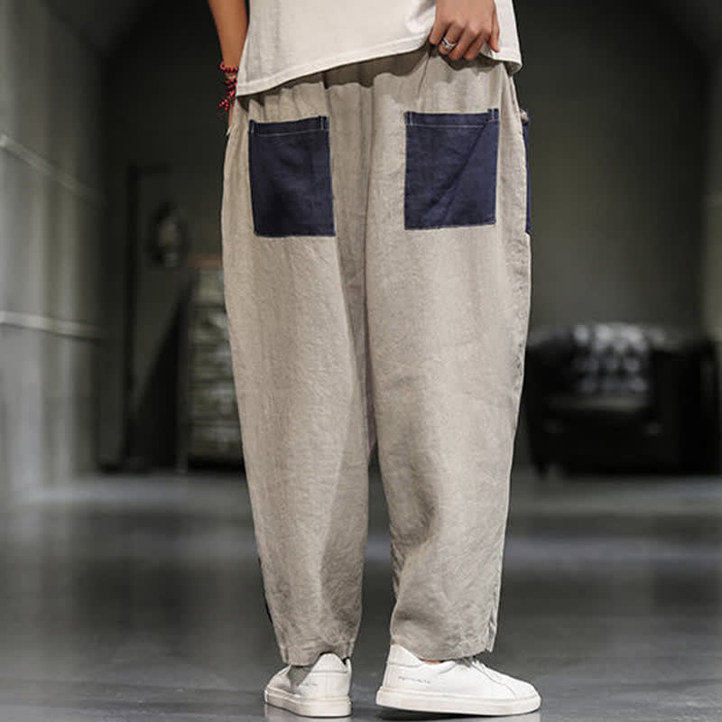 Buddha Stones Spring Casual Color Block Cotton Linen Cropped Men's Harem Pants With Pockets