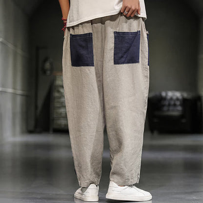 Buddha Stones Spring Casual Color Block Cotton Linen Cropped Men's Harem Pants With Pockets
