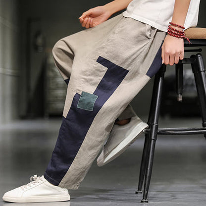 Buddha Stones Spring Casual Color Block Cotton Linen Cropped Men's Harem Pants With Pockets