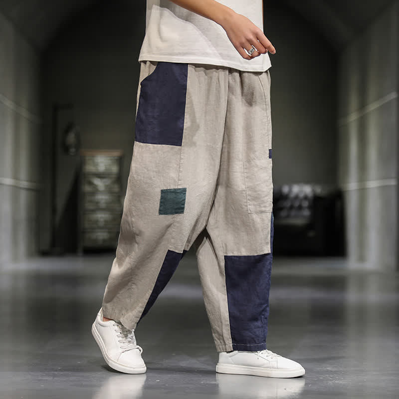 Buddha Stones Spring Casual Color Block Cotton Linen Cropped Men's Harem Pants With Pockets