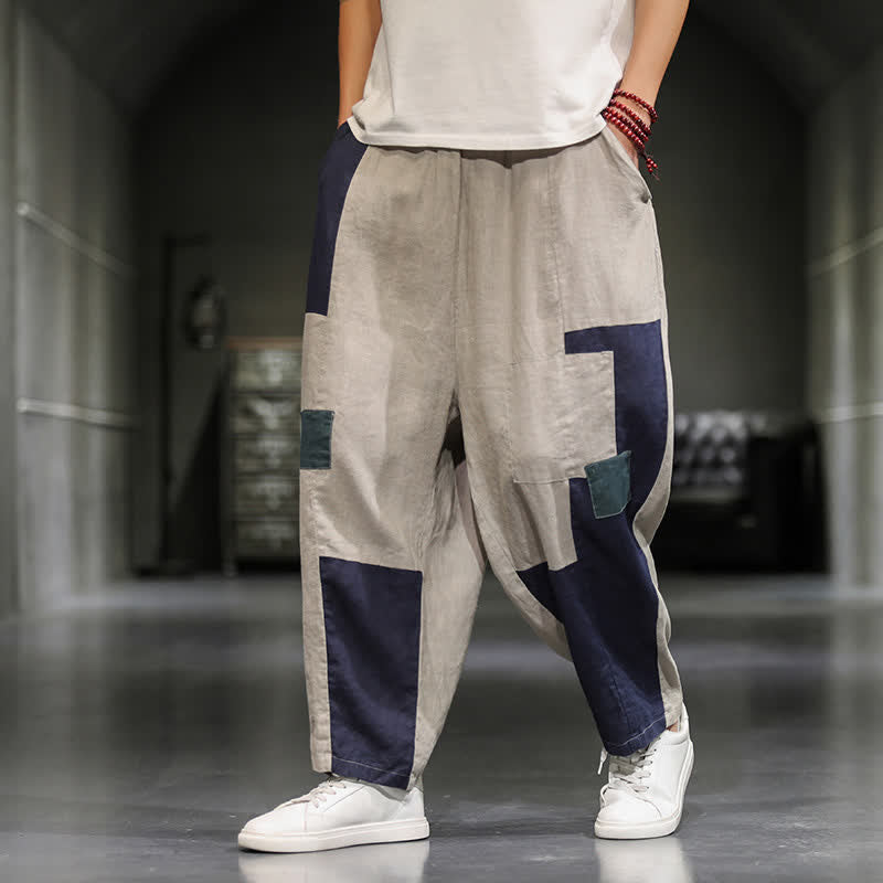 Buddha Stones Spring Casual Color Block Cotton Linen Cropped Men's Harem Pants With Pockets