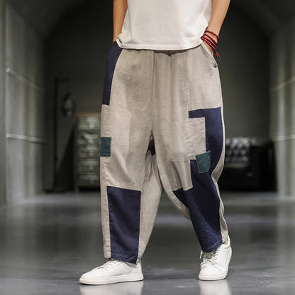 Buddha Stones Spring Casual Color Block Cotton Linen Cropped Men's Harem Pants With Pockets
