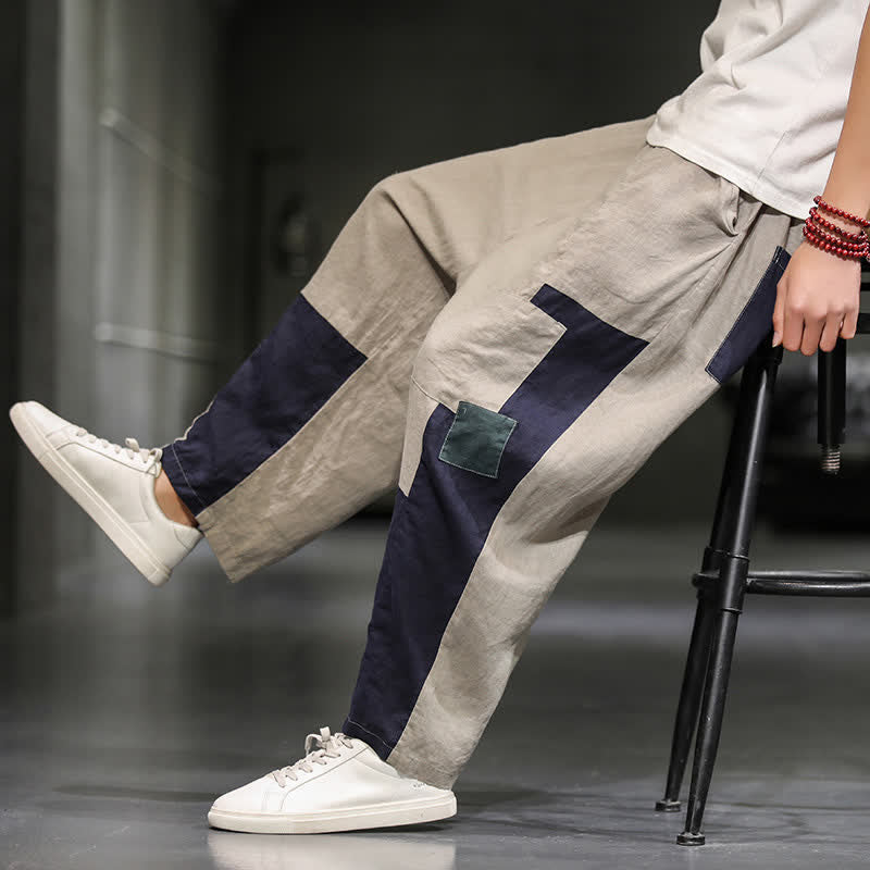 Buddha Stones Spring Casual Color Block Cotton Linen Cropped Men's Harem Pants With Pockets