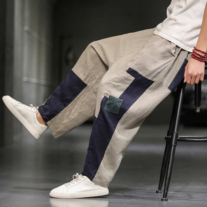 Buddha Stones Spring Casual Color Block Cotton Linen Cropped Men's Harem Pants With Pockets