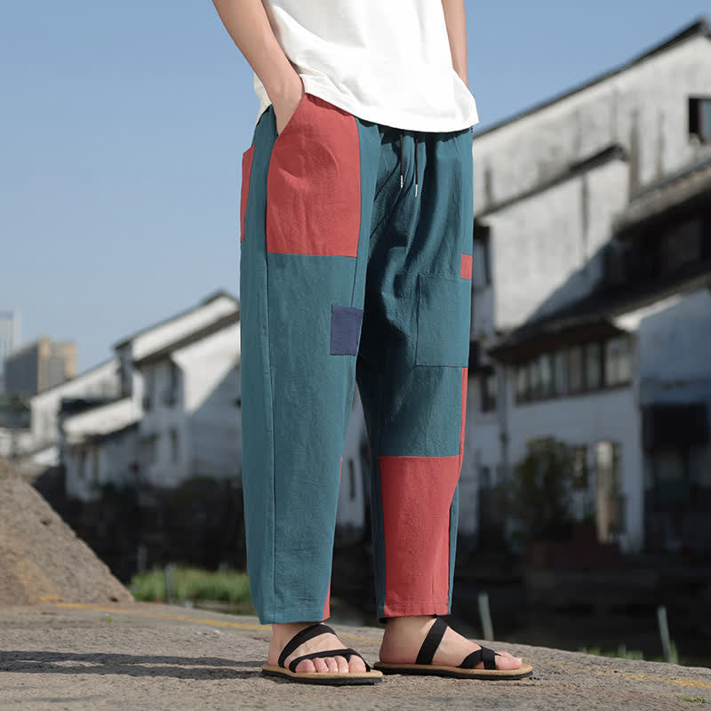 Buddha Stones Spring Casual Color Block Cotton Linen Cropped Men's Harem Pants With Pockets