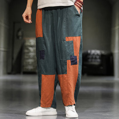 Buddha Stones Spring Casual Color Block Cotton Linen Cropped Men's Harem Pants With Pockets