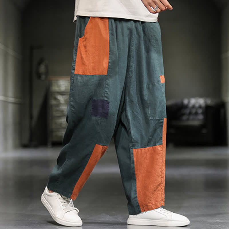 Buddha Stones Spring Casual Color Block Cotton Linen Cropped Men's Harem Pants With Pockets