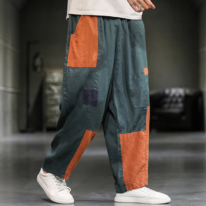 Buddha Stones Spring Casual Color Block Cotton Linen Cropped Men's Harem Pants With Pockets