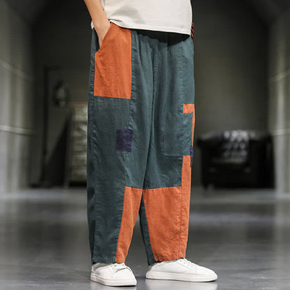 Buddha Stones Spring Casual Color Block Cotton Linen Cropped Men's Harem Pants With Pockets