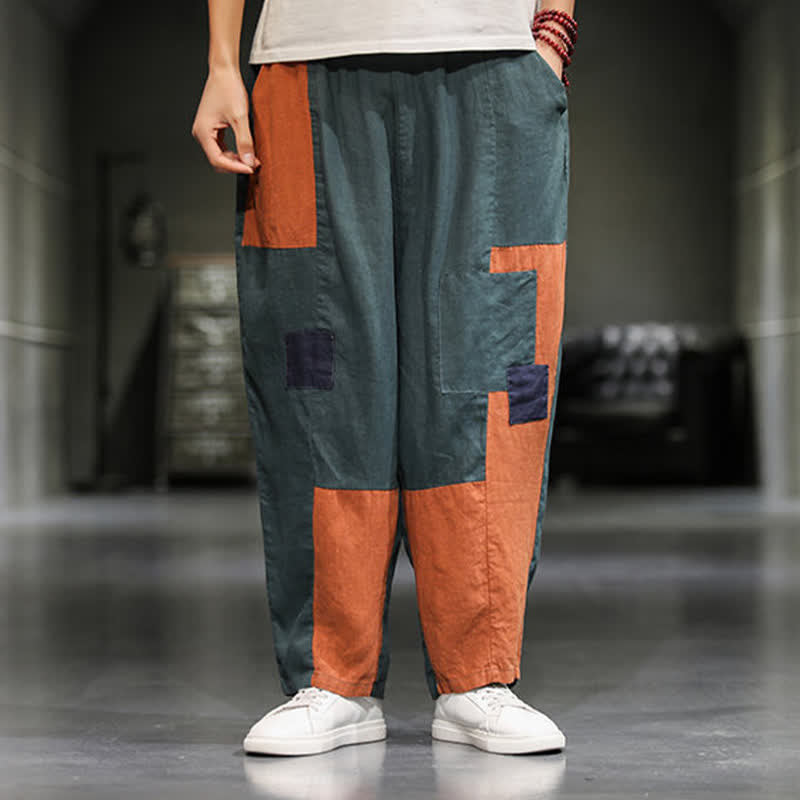 Buddha Stones Spring Casual Color Block Cotton Linen Cropped Men's Harem Pants With Pockets