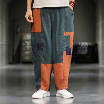 Buddha Stones Spring Casual Color Block Cotton Linen Cropped Men's Harem Pants With Pockets
