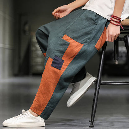 Buddha Stones Spring Casual Color Block Cotton Linen Cropped Men's Harem Pants With Pockets